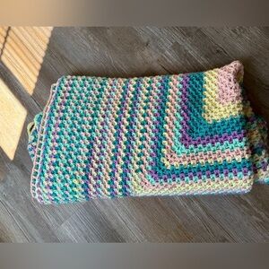 VTG 70s Afghan Blanket Crochet Hippie Boho Multi Color Handmade Blue Pink Cream